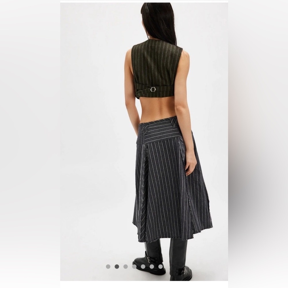 Free People Amelia Midi Skirt Pinstripe Pattern Frayed Seam Grey Combo - Picture 2 of 9